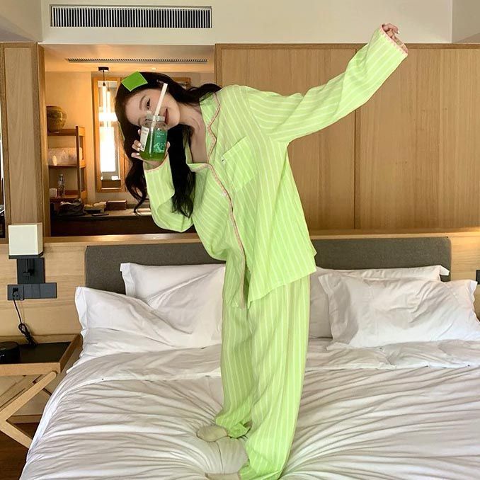 春秋女慵懒风条纹长袖睡衣套装