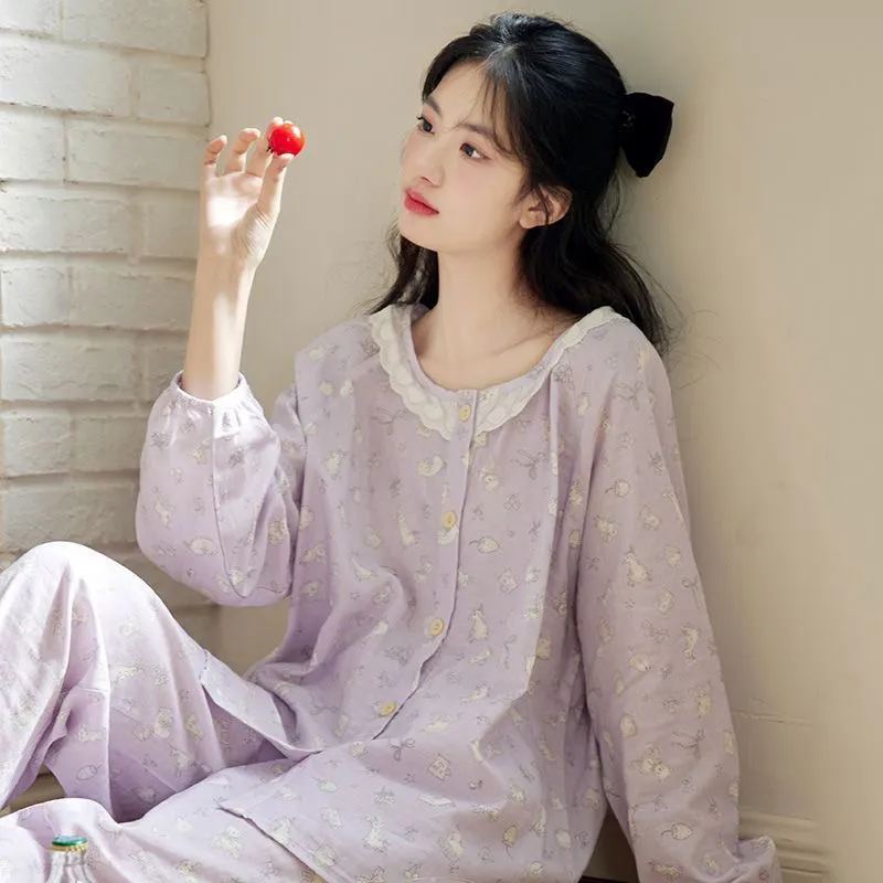 日系甜美睡衣女款小众款夏季纯棉睡衣少女可爱长袖爆款家居服套装