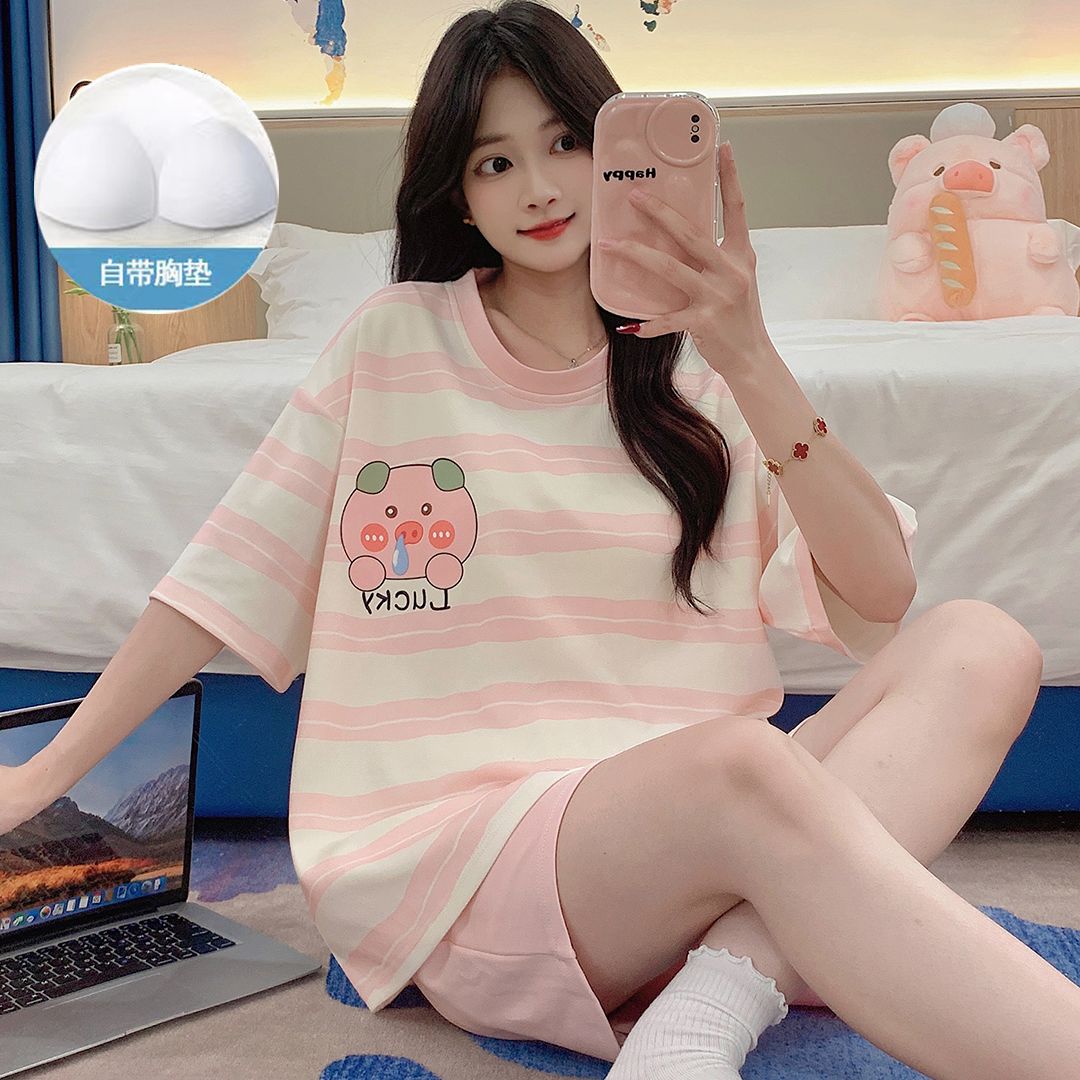 夏季棉质带胸垫女睡衣套装家居服