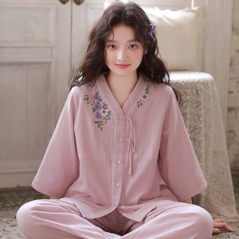 春夏季纯棉V领开衫女睡衣套装