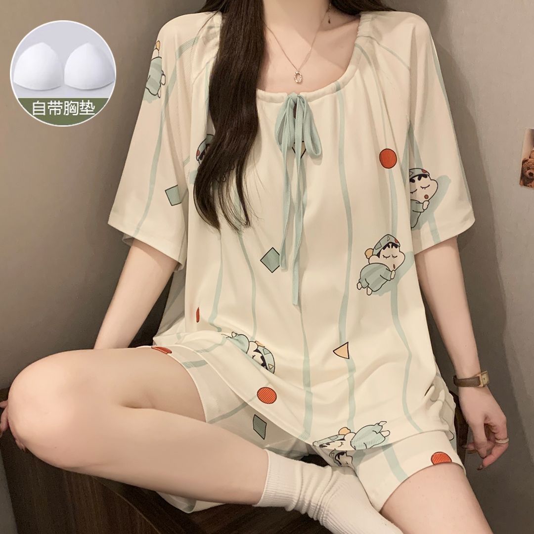 夏季冰丝胸垫短袖睡衣套装女