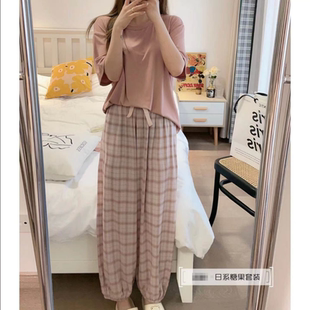 睡衣女夏季薄款棉短袖格子长裤韩版宽松学生可爱家居服外穿套装