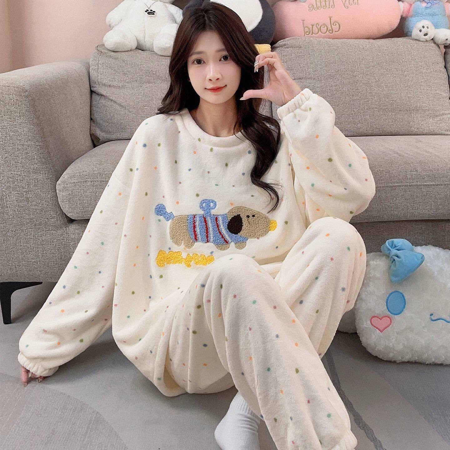 珊瑚绒加厚保暖睡衣女款秋冬季长袖圆领可爱卡通法兰绒家居服套装