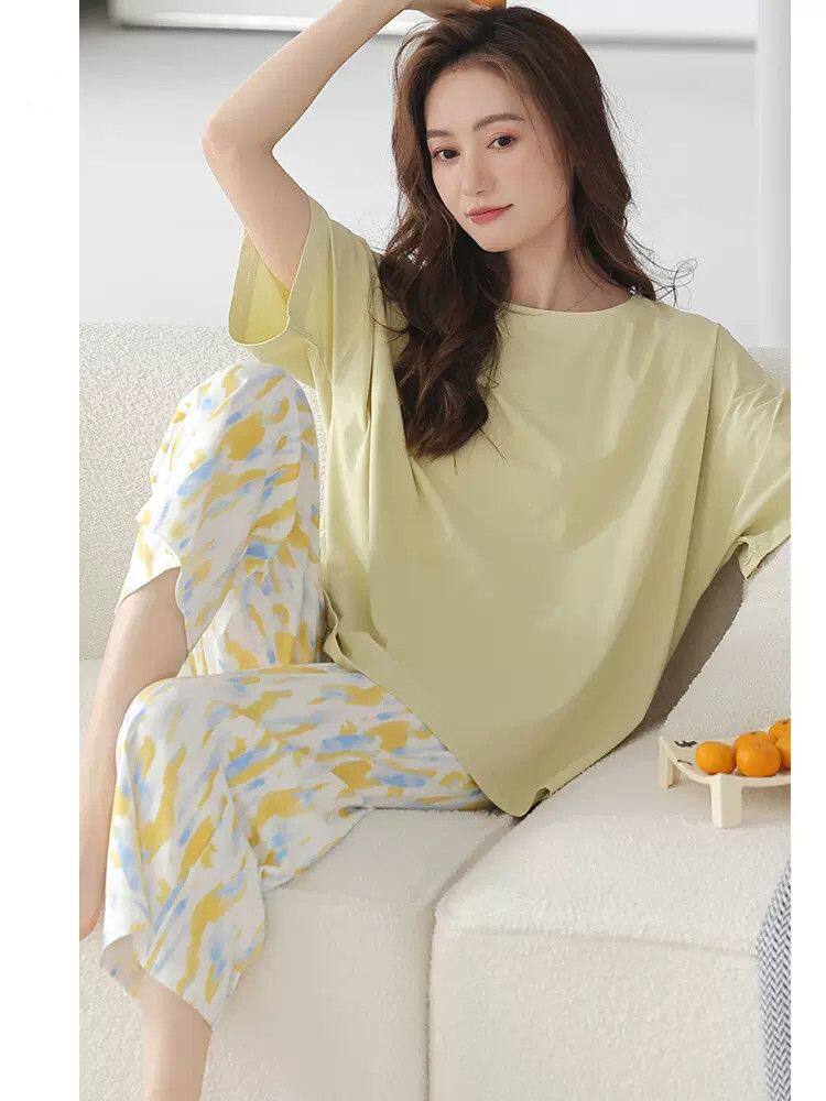 睡衣女夏短袖七分裤家居服套装