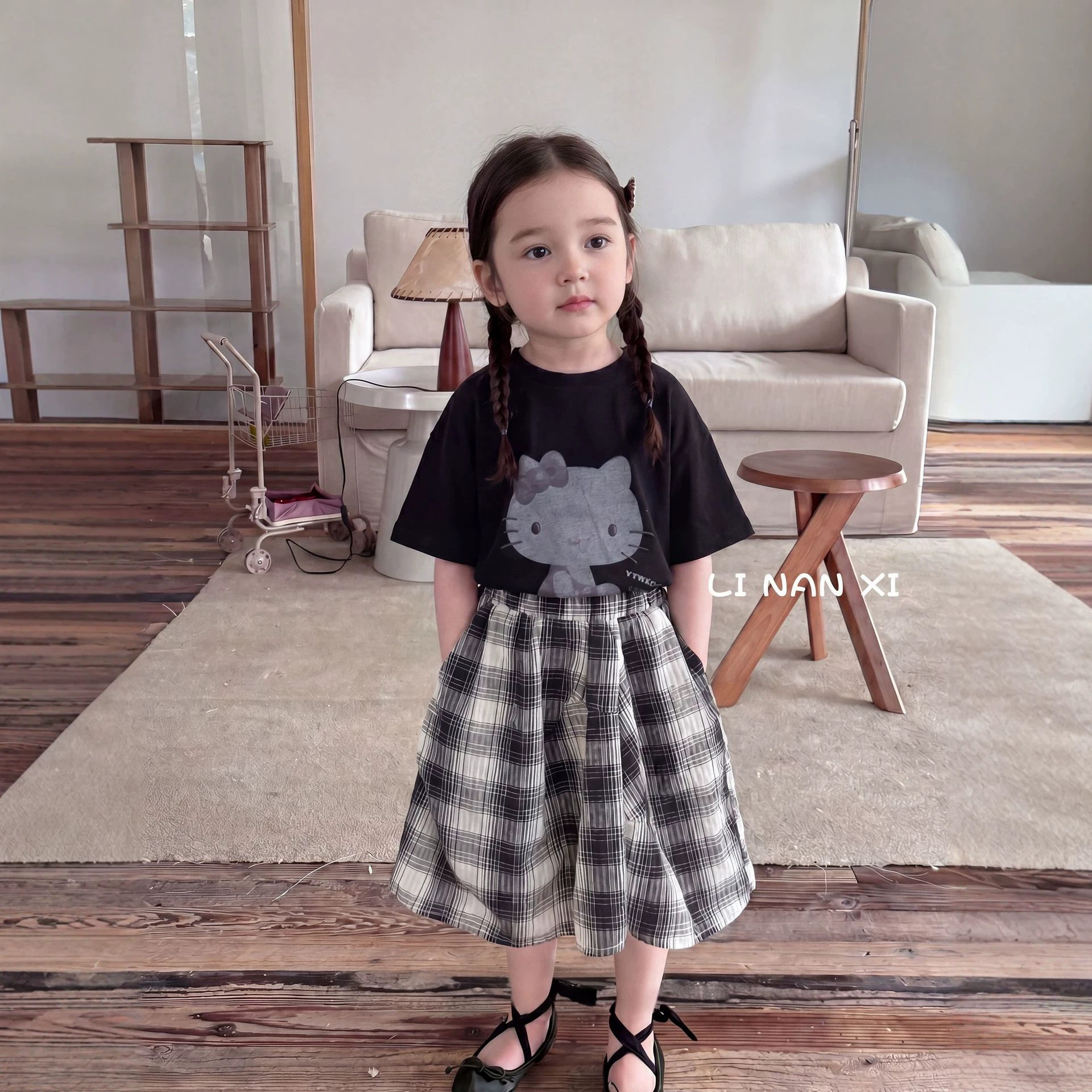 里南希 女童短袖t恤2026夏季新款宝宝纯棉上衣外穿格子半身裙透气