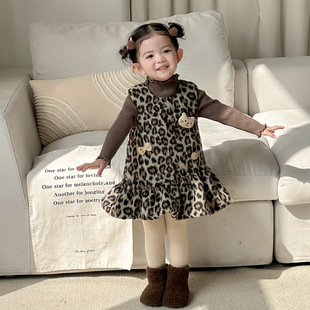 点兮冬季新款婴幼儿加绒加厚豹纹连衣裙套装女宝宝裙子毛衣两件套