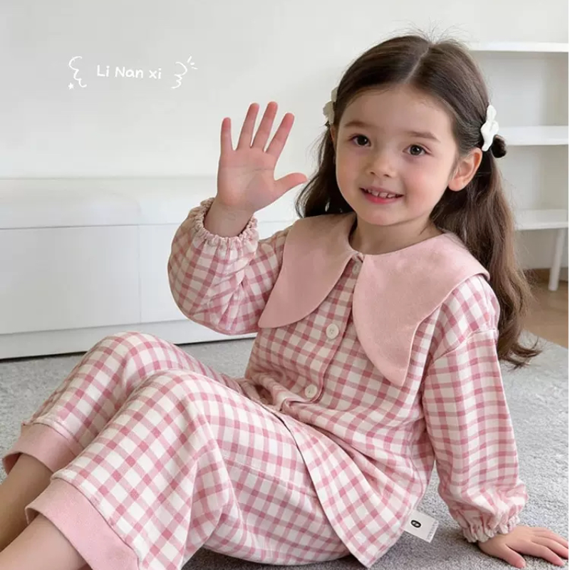 里南希 女童家居服套装纯棉a类网红可爱翻领长袖阔腿裤两件套睡衣