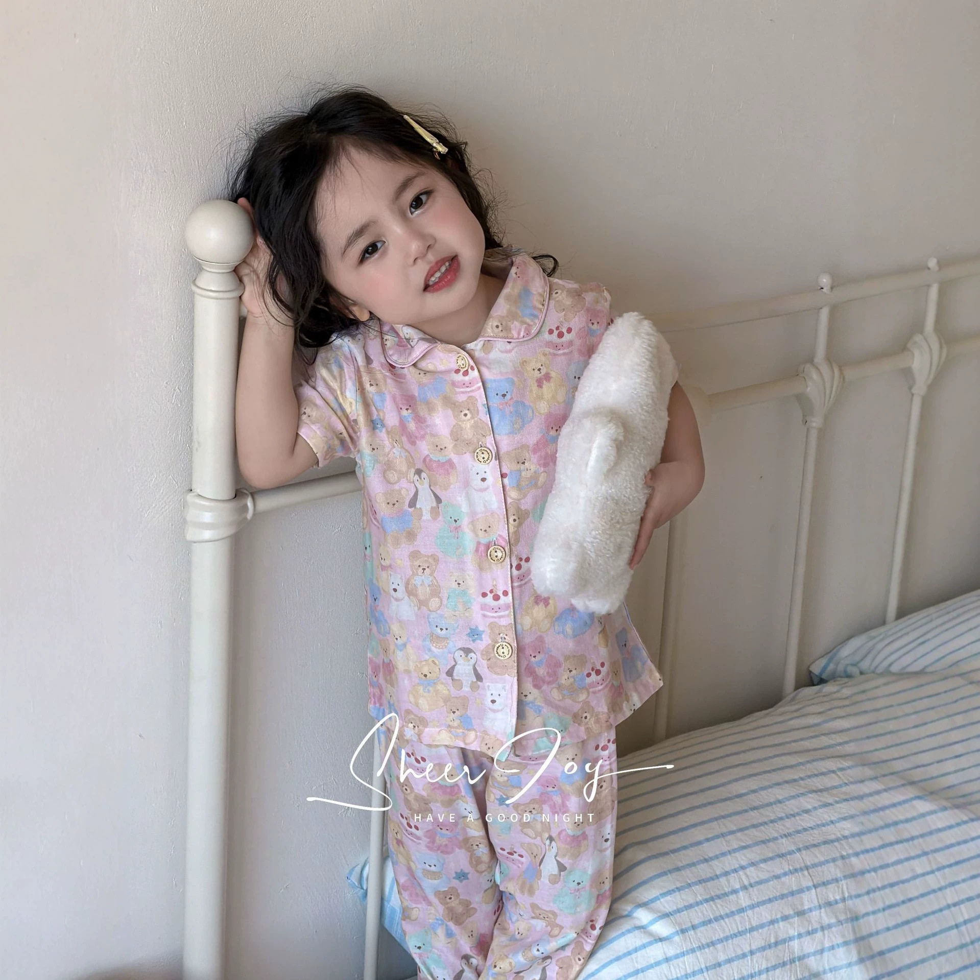 春夏季新款睡衣双层纱嵌条款儿童短袖长裤家居服女孩套装嵌条系列
