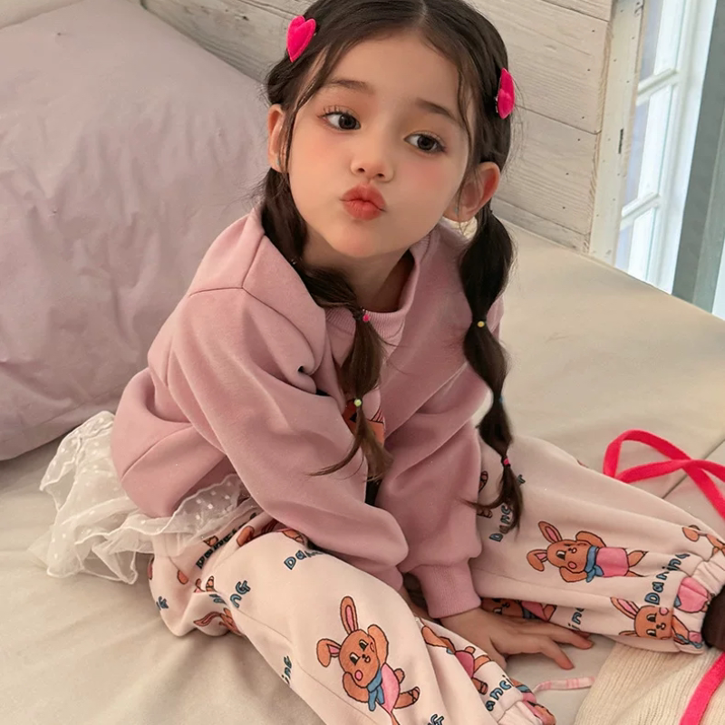 大小卷 女童卡通印花幼儿园套装儿童秋款卫衣卫裤省心穿搭两件套