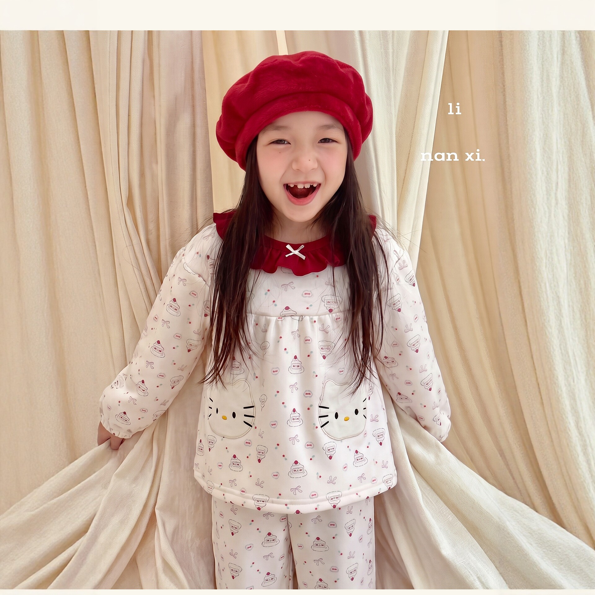 里南希 女童加绒睡衣套装26冬季女宝娃娃衫家居服kt贴布加绒加厚