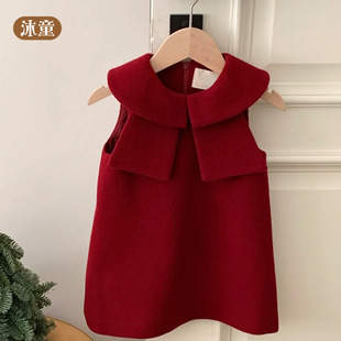 圣诞新年服女童连衣裙冬季女宝宝背心裙甜美毛呢小香风无袖公主裙
