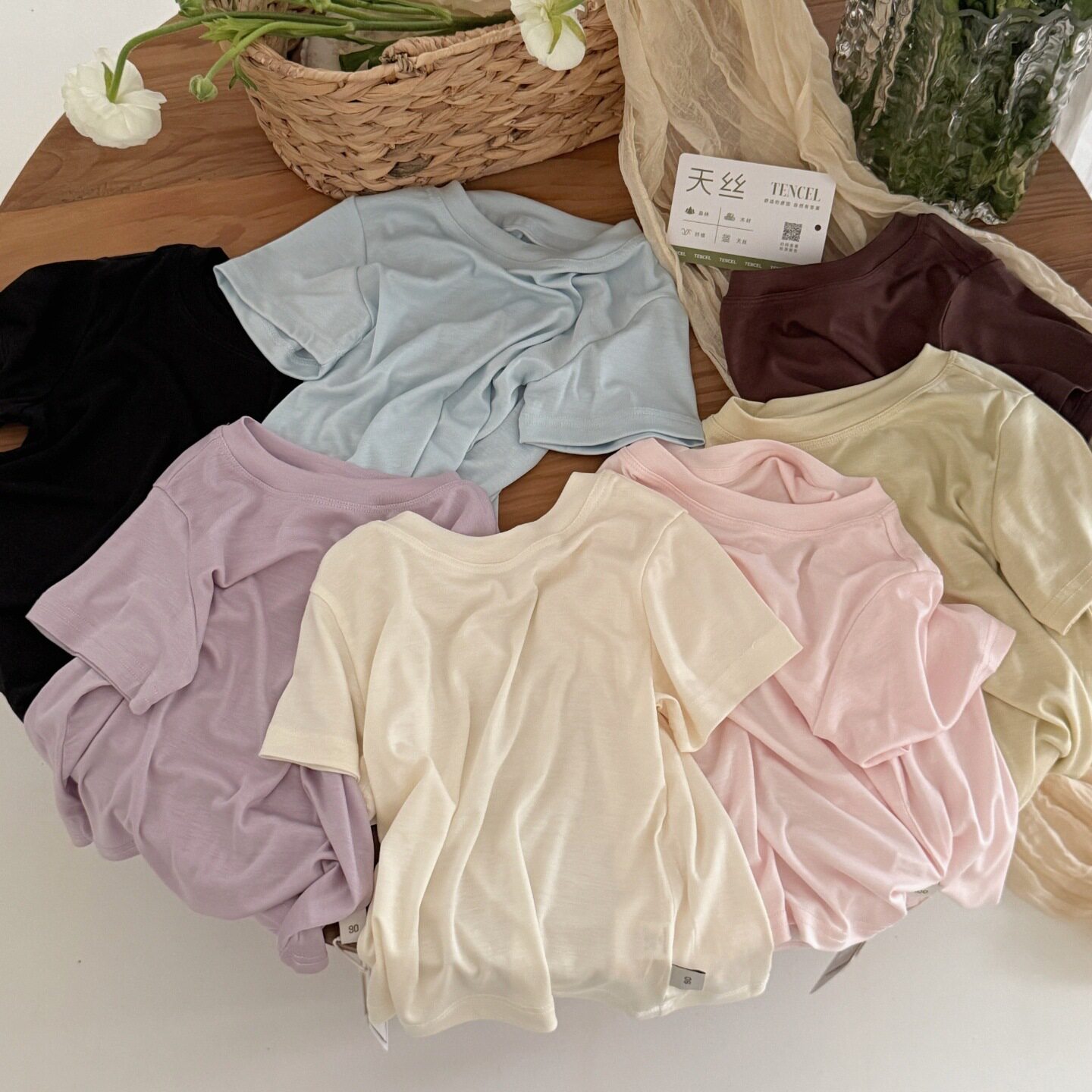 大小卷 26夏季新款儿童短袖T恤上衣纯色简约面膜T男女童-310002