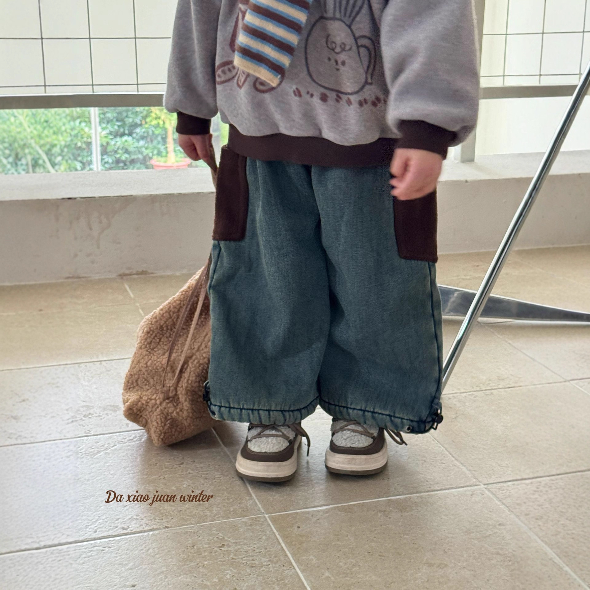 大小卷25秋冬新款儿童加绒拼色牛仔裤-96033