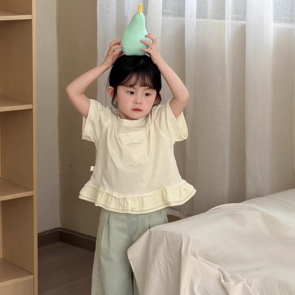 原创设计童装韩版女童荷叶边甜美小清新T恤儿童蕾丝口袋短袖上衣