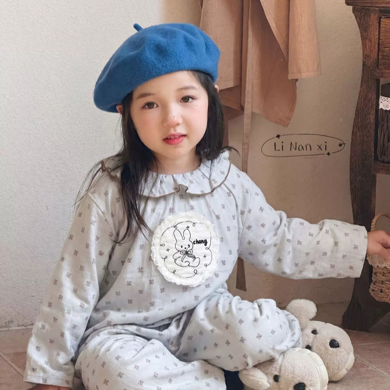 里南希 女童花边睡衣套装26秋季柔软棉纱长袖长裤家居服小兔贴布