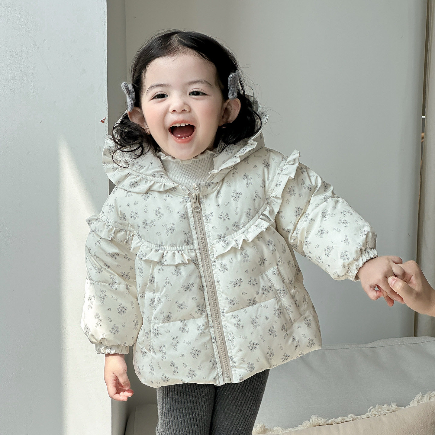 点兮冬季新款婴幼儿加绒棉外套套装女宝宝碎花棉服毛衣裤子三件套