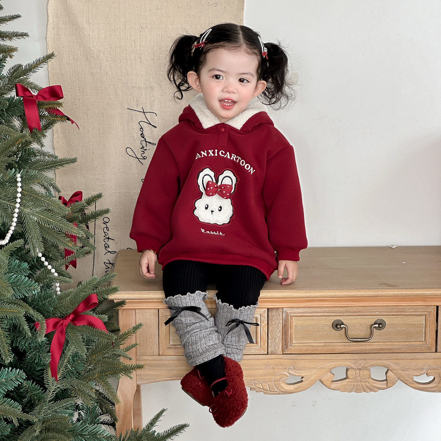 点兮冬季新款婴幼儿加绒加厚兔耳朵卫衣套装女宝宝连帽上衣打底裤