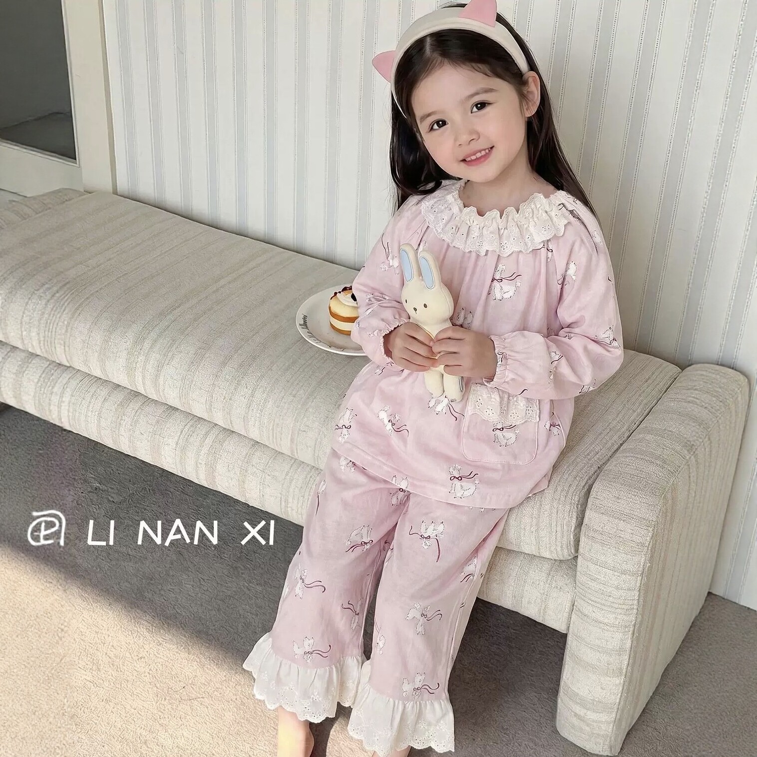 里南希 女童睡衣套装26早秋新款花边儿童长袖长裤家居服蕾丝韩版