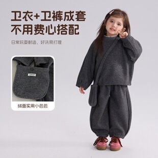 大小卷韩系女童灰色毛呢套装深秋冬季儿童套头上衣休闲裤两件套