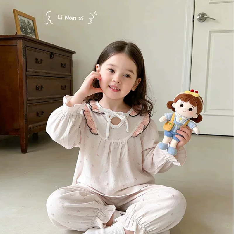 里南希 女童家居服套装26早春新款女宝a类十级抗菌双纱竹棉睡衣套