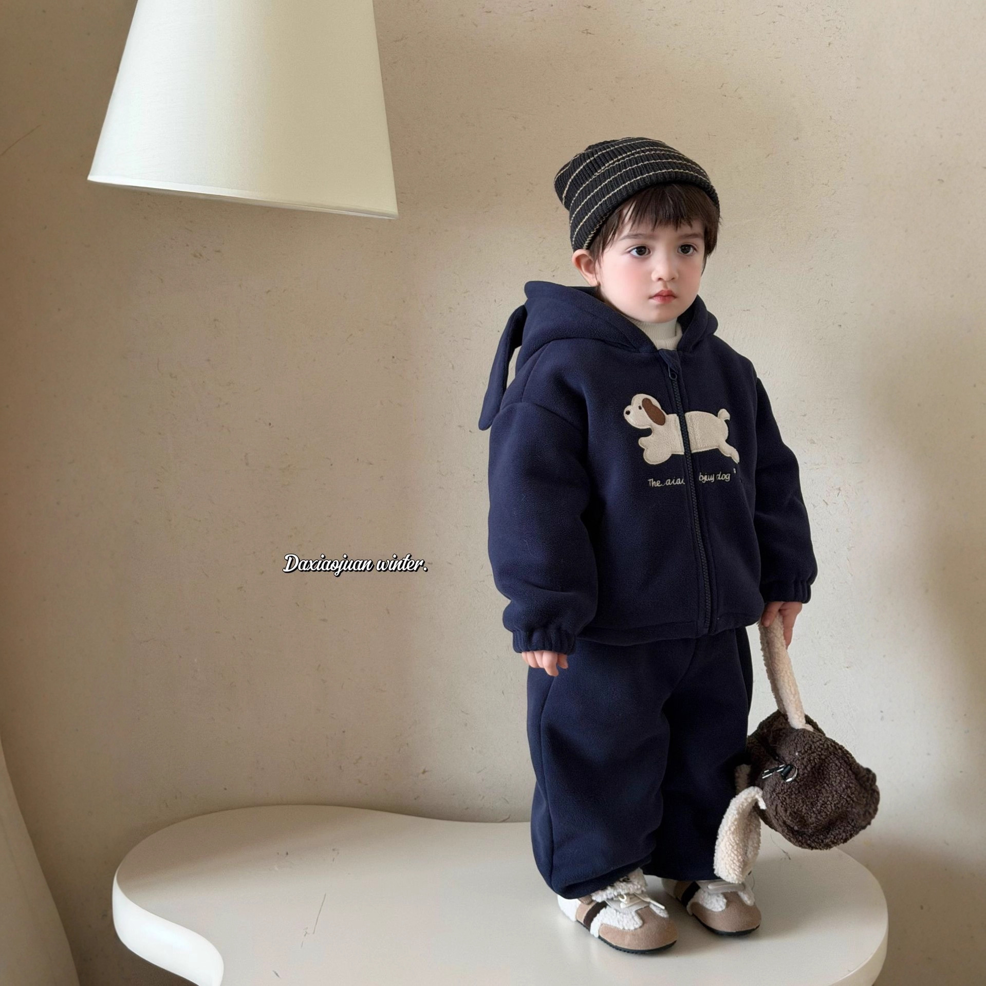 【大小卷】男女儿童2025冬季加厚可爱卡通奥粒绒连帽卫衣裤子套装