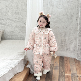 冬季女宝新品 灯芯绒睡衣 加绒加厚三层夹棉家居服套装卡通潮童衣