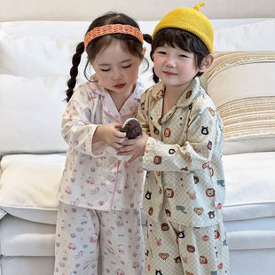 春秋季儿童睡衣中小童宝宝开衫套装卡通翻领男女童可外穿家居服韩