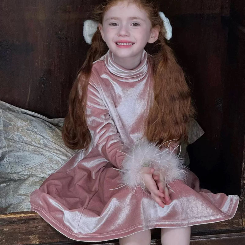 尖子蛋韩系童装2025冬季新款女童裙子丝绒高领加绒连衣裙礼服裙