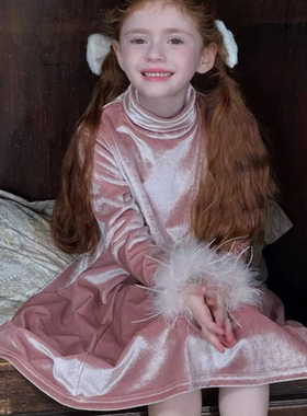 尖子蛋韩系童装2025冬季新款女童裙子丝绒高领加绒连衣裙礼服裙