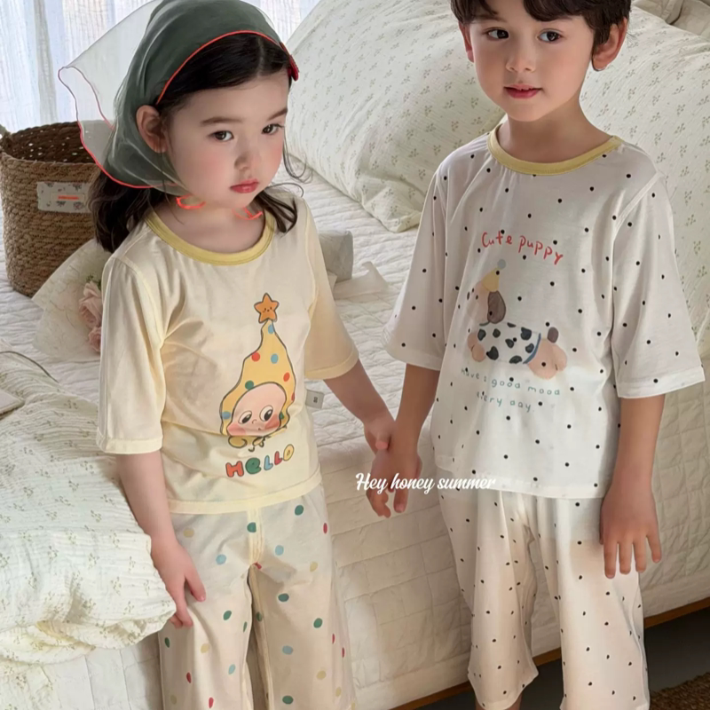 大小卷Heyhoney2026夏款男童女童七分袖七分裤家居服套装睡衣薄款