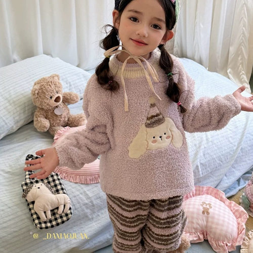 大小卷26秋冬新款Heyhoney睡衣秋冬半边绒儿童保暖家居服套装