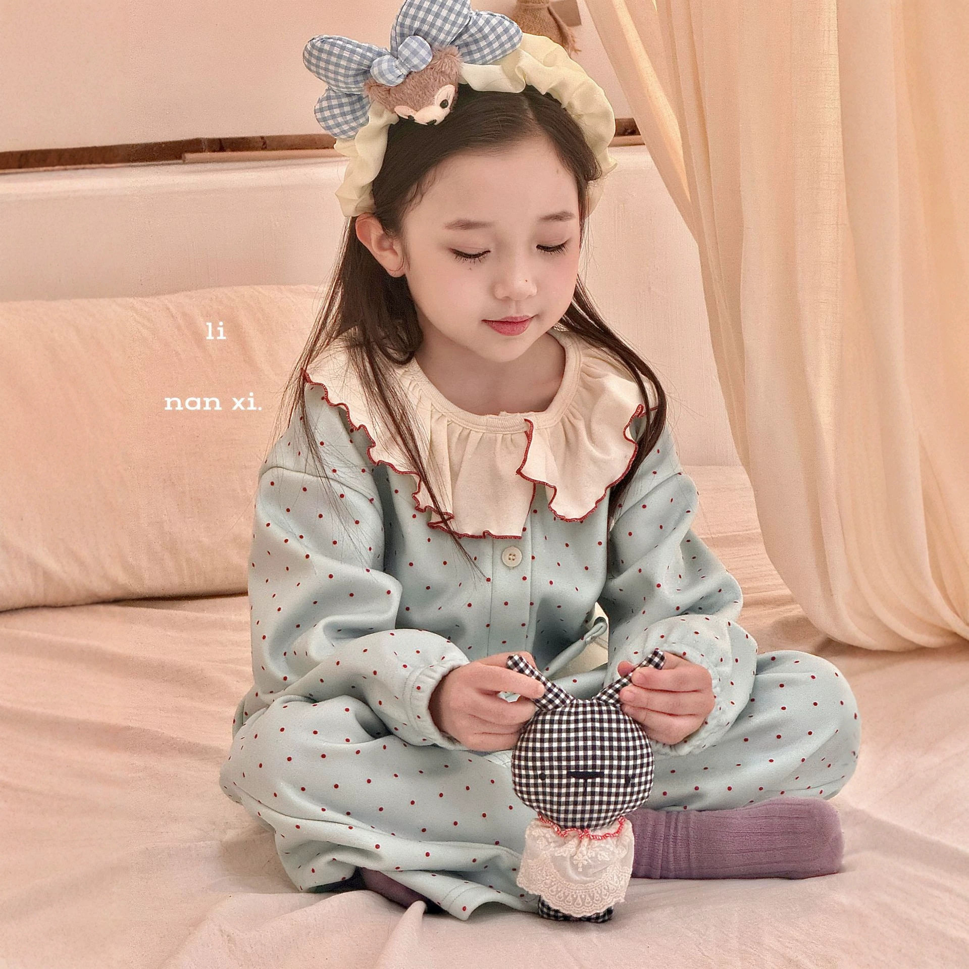 里南希 女童韩系秋冬季复古开衫家居服套装加绒保暖大荷叶领波点