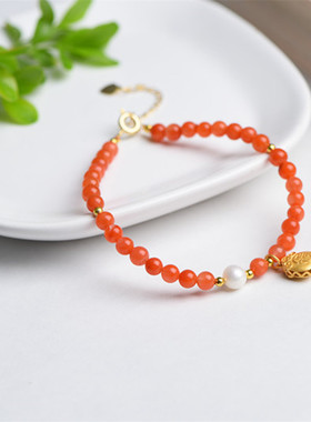 天然南红单圈手链搭配925银镀金小书包配件女款 饰品简约百搭手串
