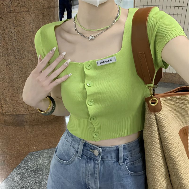 纯欲风辣妹方领短袖T恤女夏季法式洋气短款针织开衫港味chic上衣