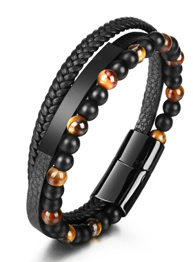 男生痞帅冷淡风玛瑙石手串小众设计三层真皮编织手绳黑色潮流手饰