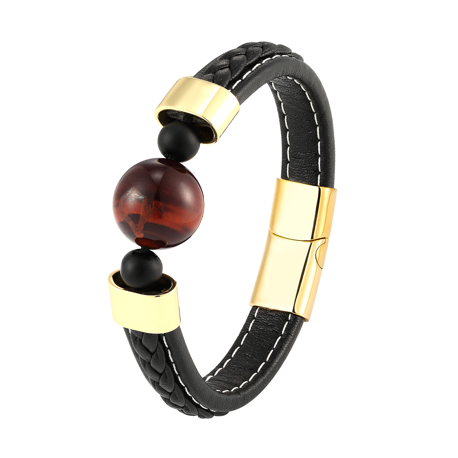 新中式红玛瑙石转运珠手绳马年本命年男士粗款黑绳皮质编织手链男