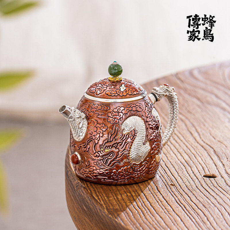 蜂鸟工坊 银壶泡茶壶纯银铜包银隔热把碧玉钮嵌刻龙凤秦权小壶