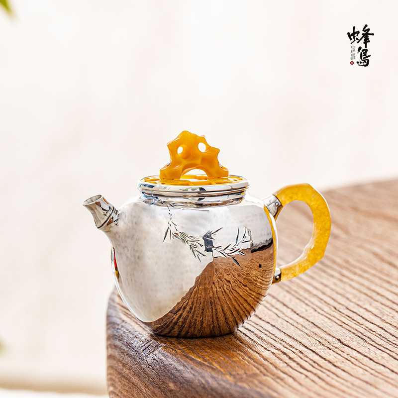 蜂鸟工坊 银壶泡茶壶纯银茶壶玉把锤纹錾刻竹子小壶一张打工艺
