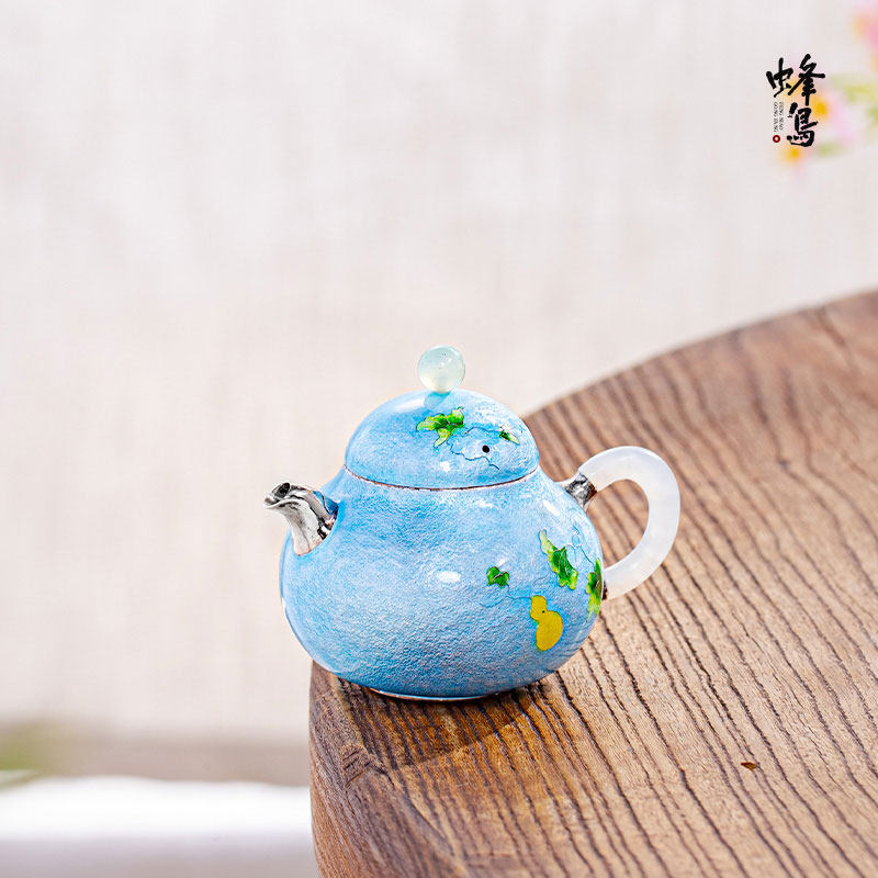蜂鸟工坊 银壶泡茶壶七宝烧玉把玉钮葫芦蓝色梨形小壶