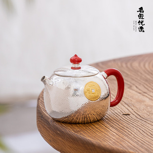 蜂鳥工坊 銀壺泡茶壺純銀漆把漆鈕西施招財進寶彎嘴小壺