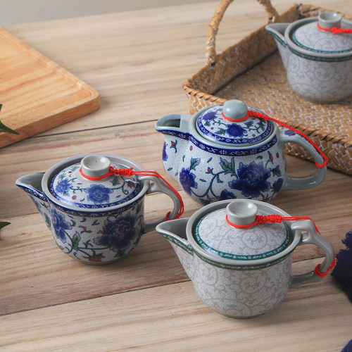陶瓷青花牡丹复古中国风功夫茶壶