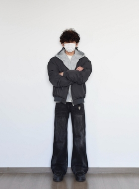 X1617 美式复古cleanfit加厚棉服假两件棉衣外套连帽棒球服男9302