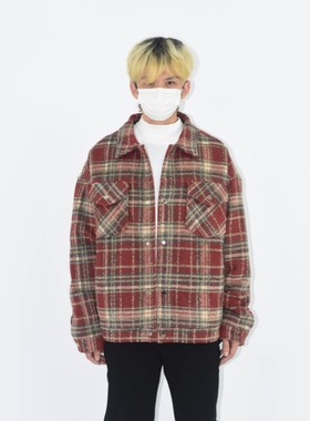 【清仓】X1617 复古红色黑色格子夹棉衬衫夹克外套男女