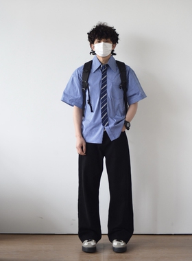 X1617 春夏韩系潮流校园学院风领带衬衫宽松百搭条纹T恤短袖C301