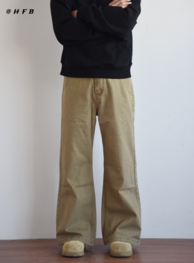 X1617美式高街复古宽松直筒休闲裤百搭纯色阔腿伐木裤长裤男D1683