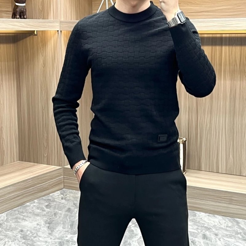 秋冬欧版轻奢圆领简约格子毛衣男潮时尚修身百搭针织衫弹力打底衫