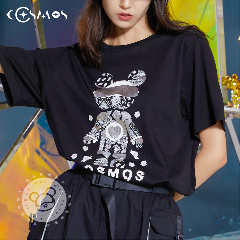 星际熊cosmos女装新款宽松t恤夏季女士上衣短袖纯棉体恤 漫画涂鸦