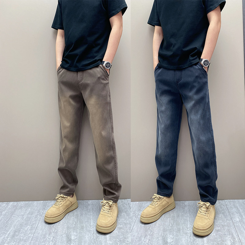 2025年春秋季潮牌韩版痞帅磨白休闲牛仔裤时尚简约休闲直筒长裤子,男装,休闲裤,淘宝优惠券,粉丝福利购,淘宝优惠卷