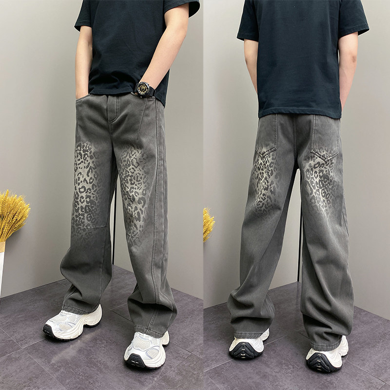 2025冬季加绒复古豹纹风宽松直筒牛仔长裤男士松紧腰阔腿裤高级感,男装,牛仔裤,淘宝优惠券,粉丝福利购,淘宝优惠卷