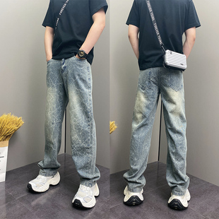 松紧腰垂感长裤 秋季 设计感水洗提花牛仔裤 高街痞帅休闲弯刀裤 时尚
